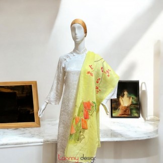 Yellow ramie scarf hand-painted with Old Quarter 70*190cm